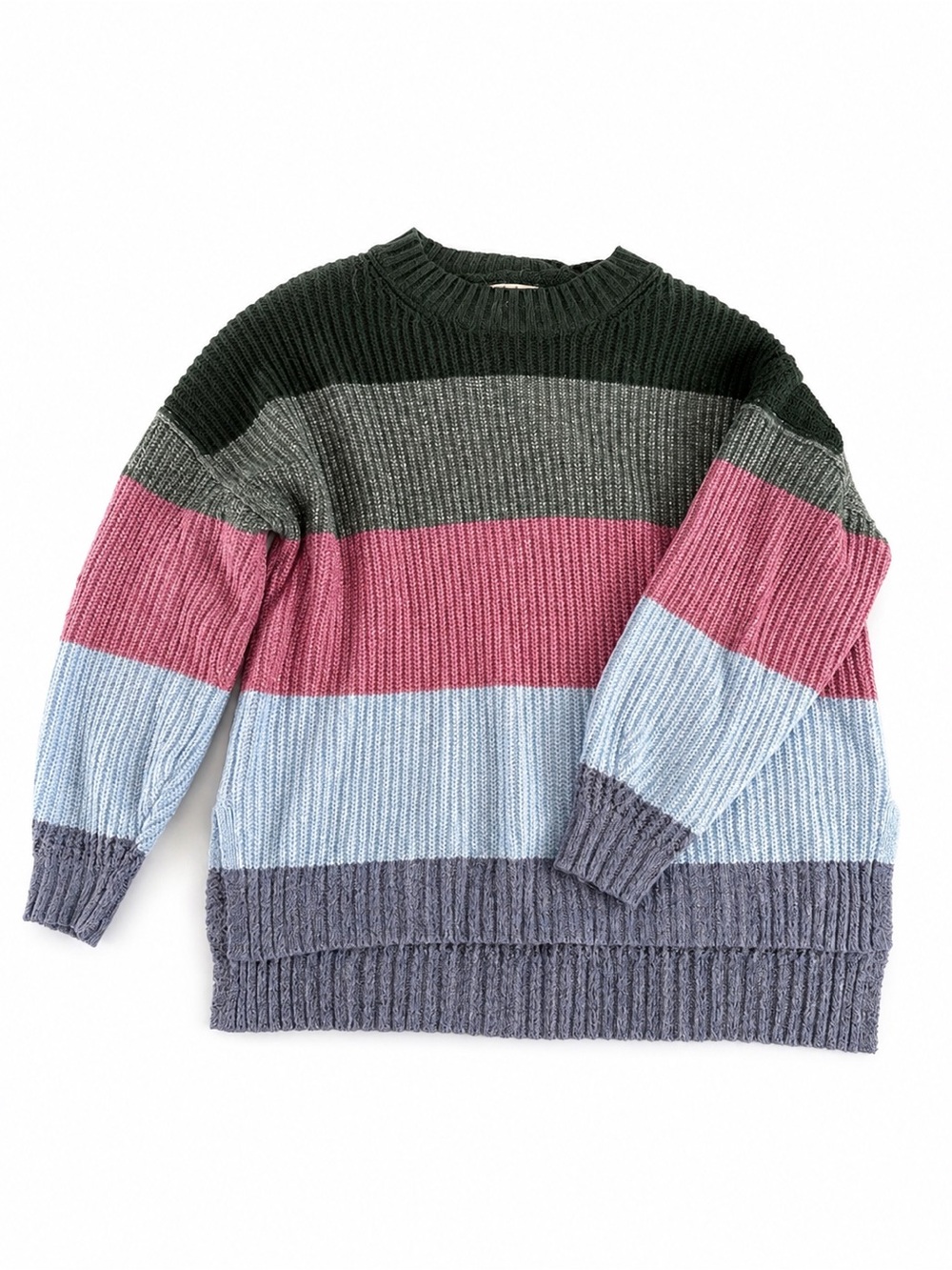 American Eagle women’s Striped Crewneck Sweater in Black, Gray, Pink & Blue